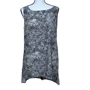Eileen Fisher Silk Bateau Neck Tank Blouse High Low Hem Quiet Luxury Black Grey